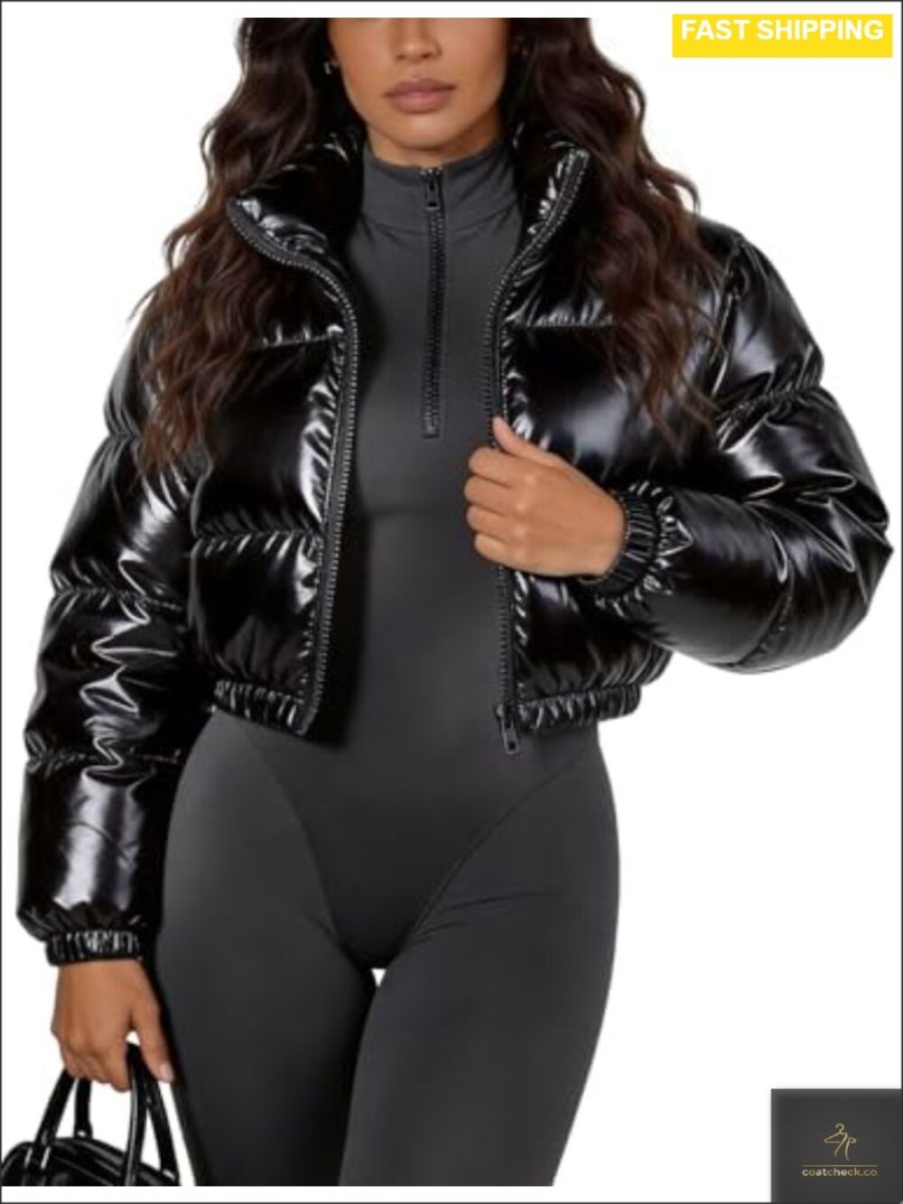 Flygo Women's Cropped Puffer Jacket Shiny Quilted Zip Up Winter Coat
